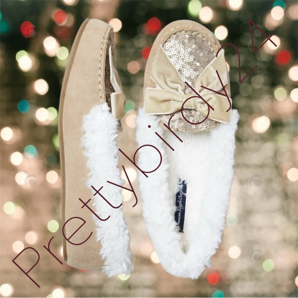 Retro AEO Shimmery Bow Sequin Slip On Moccasin